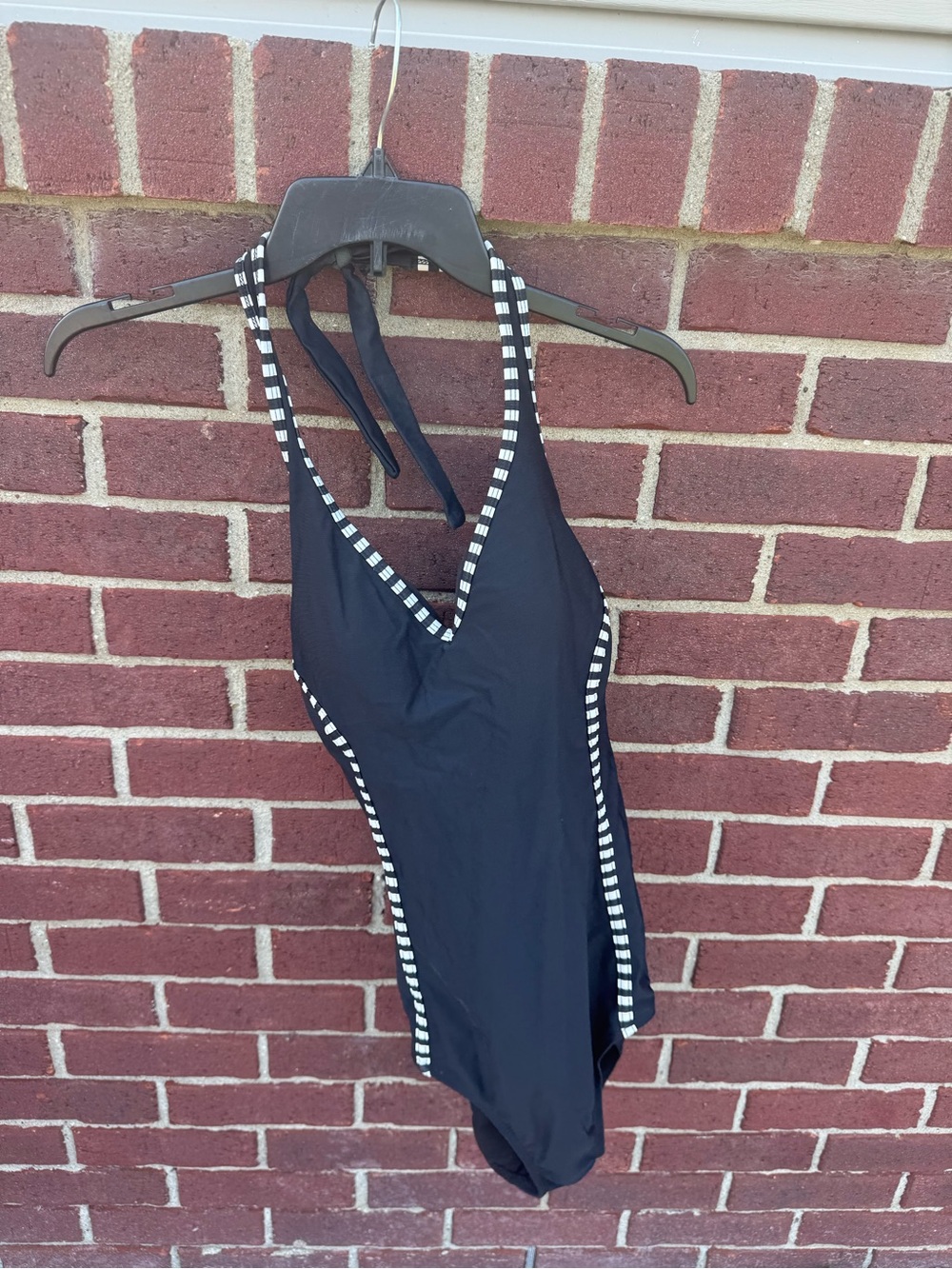 Black One-Piece Swim Suit with White Check Trim